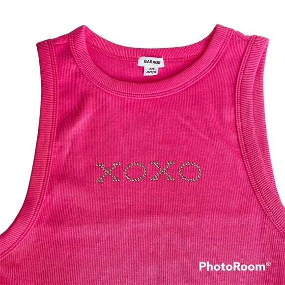 XOXO Rhinestone Ribbed Crop Tank Top - Hot Pink - Picture 4 of 5